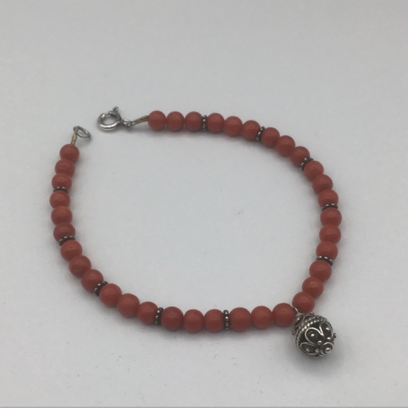 Mediterranean Red Coral Bracelet w Silver 925 charm beads and spring Clasp - Picture 2 of 6